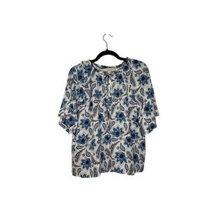 LOFT Women's Blouse Medium Blue Floral Paisley Print Short‎ Sleeve Top NWT